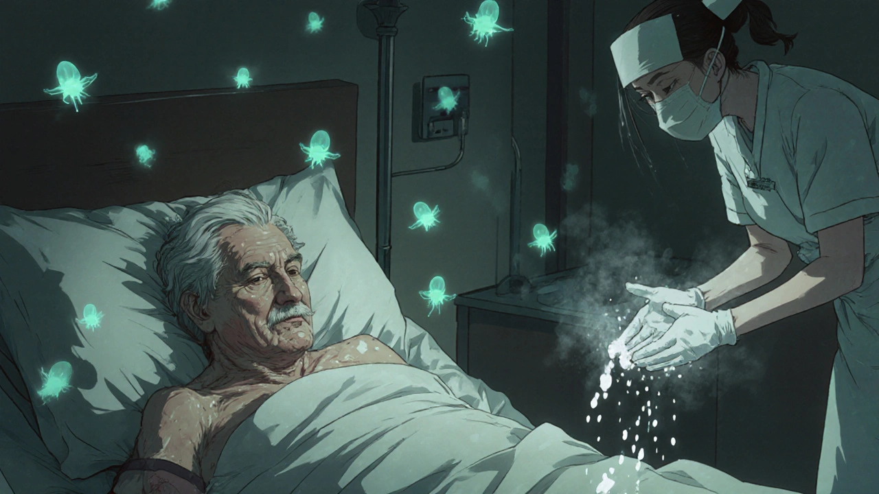 An elderly patient in a hospital bed surrounded by C. diff spores, nurse washing hands.