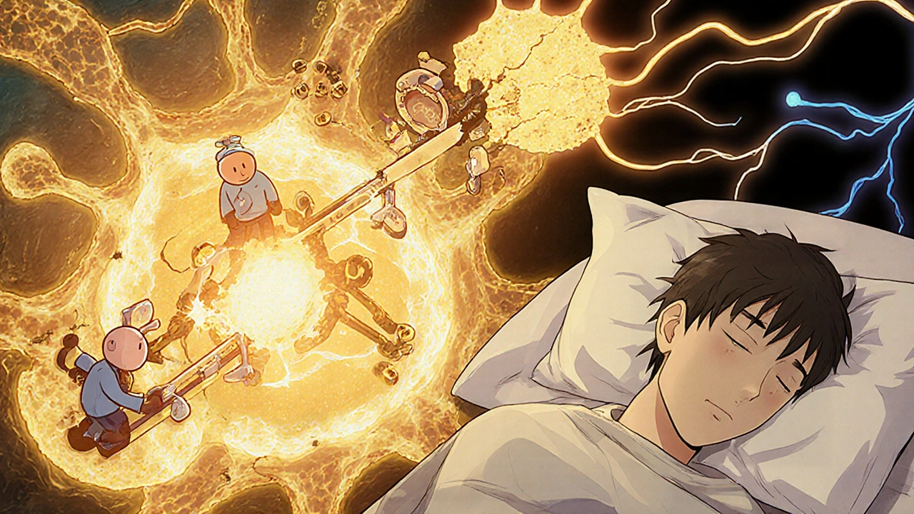 Biochemical factory inside a neuron repairing myelin and producing calming brain chemicals.