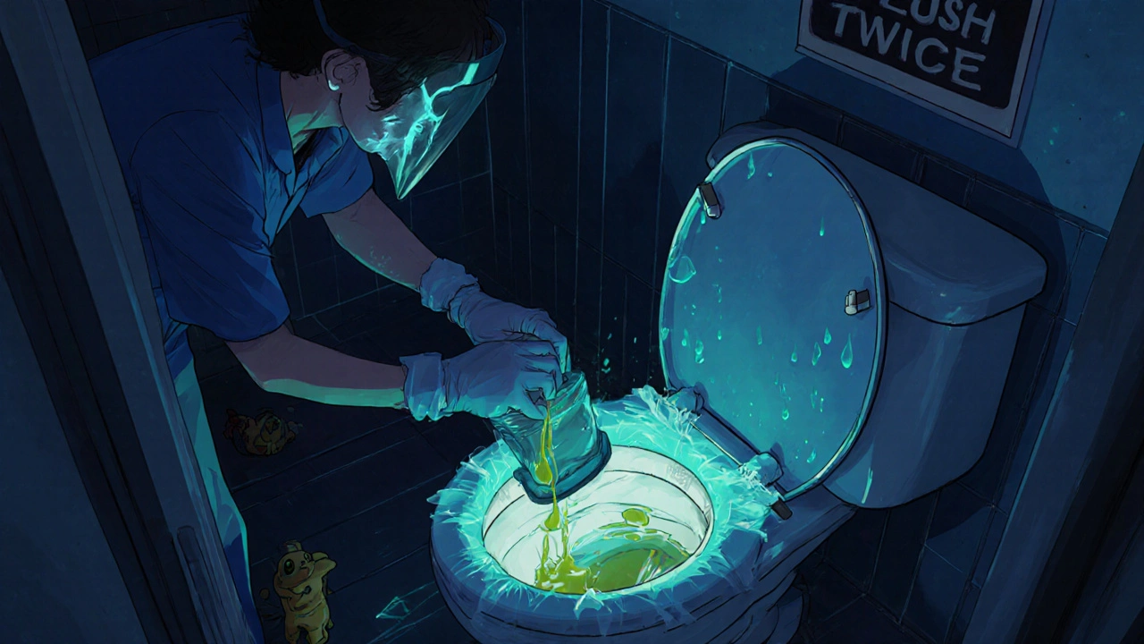 Caregiver cleaning a chemo spill in a bathroom, with glowing urine traces and double-bagged waste nearby.