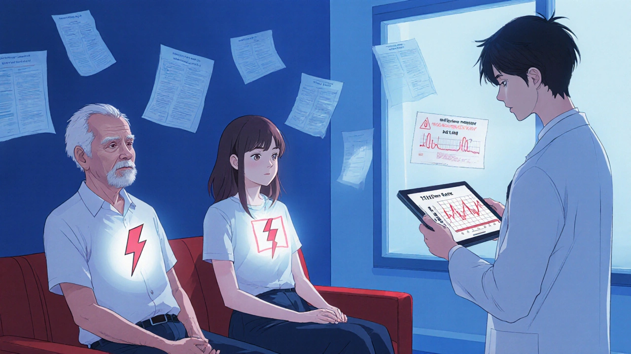 Diverse patients in clinic with glowing heart risk symbols, doctor holding genetic test tablet.