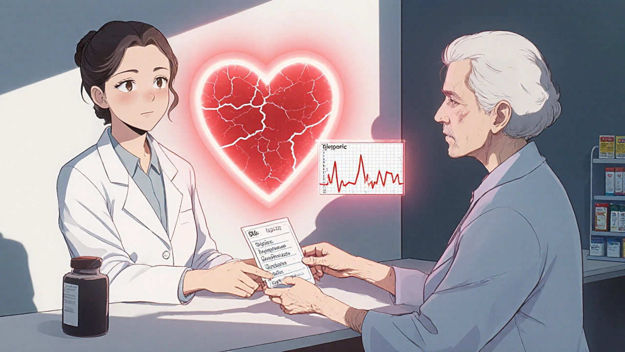 Elderly woman receiving prescription with glowing warning aura from interacting heart medications.