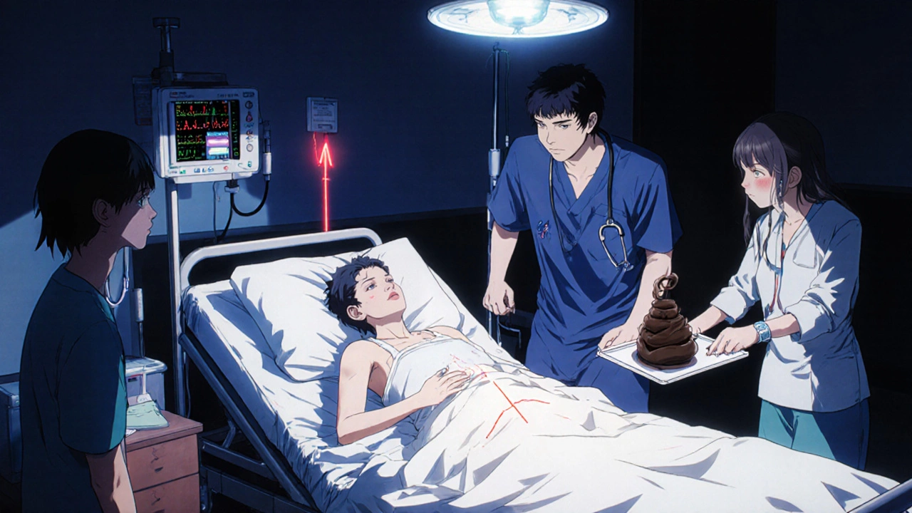 Emergency room scene with patient on gurney, doctor attending, dark stool sample on tray.