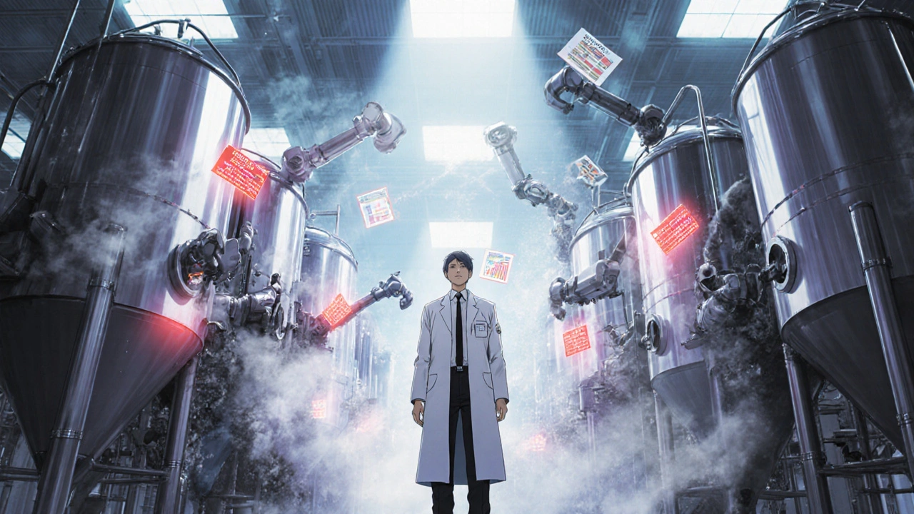 FDA inspector in a global pharmaceutical factory with holographic quality data