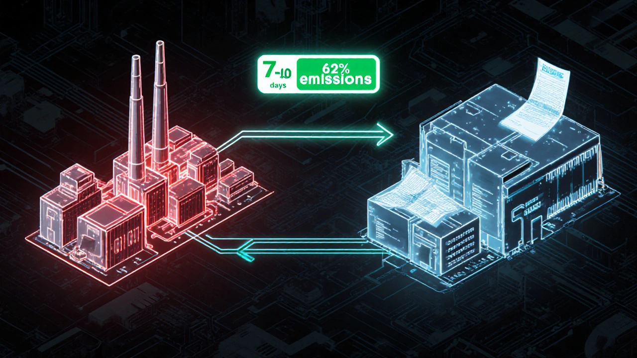Hybrid manufacturing system with U.S. core components glowing red and Mexican packaging flowing as blue data streams.