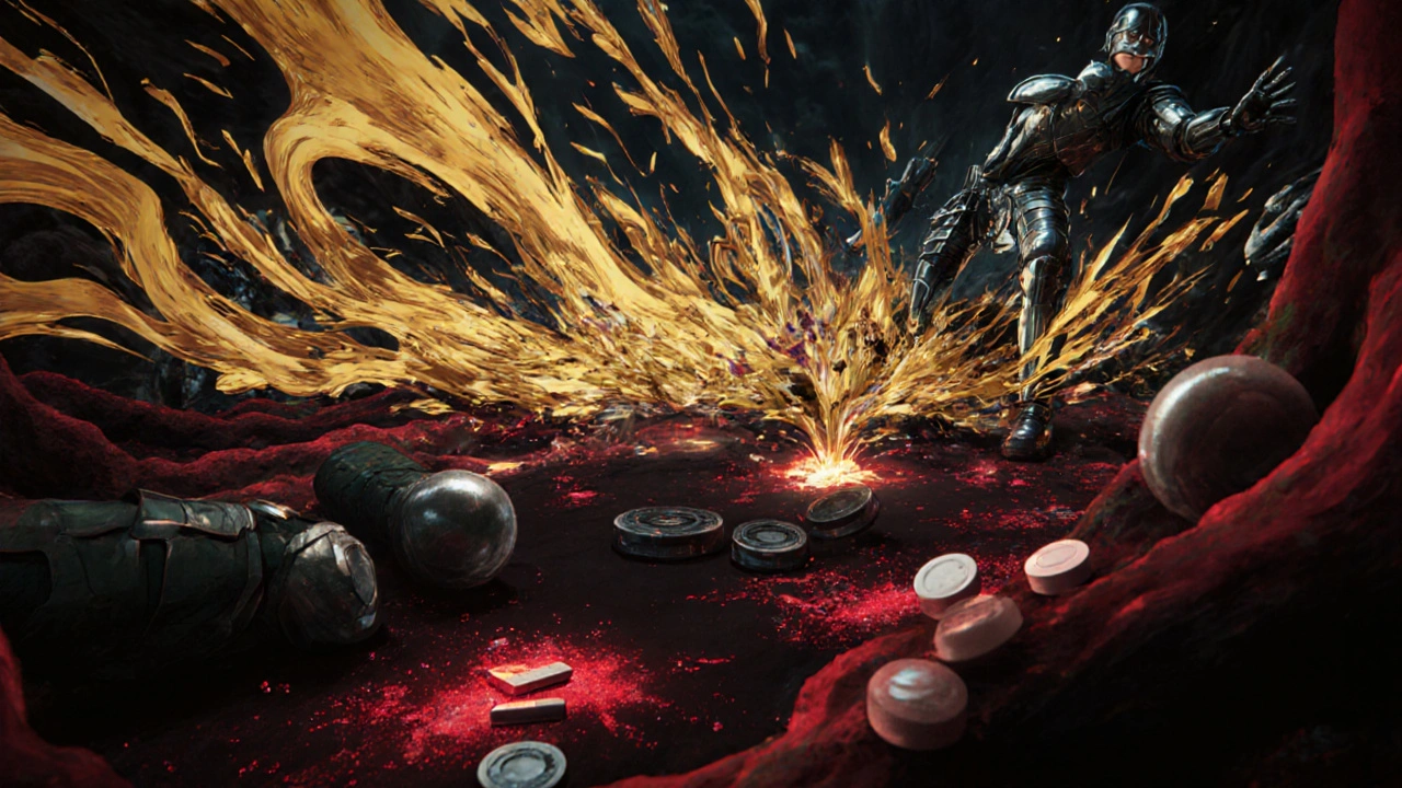 Inside a blood vessel, curcumin waves overwhelming platelets and clotting proteins.