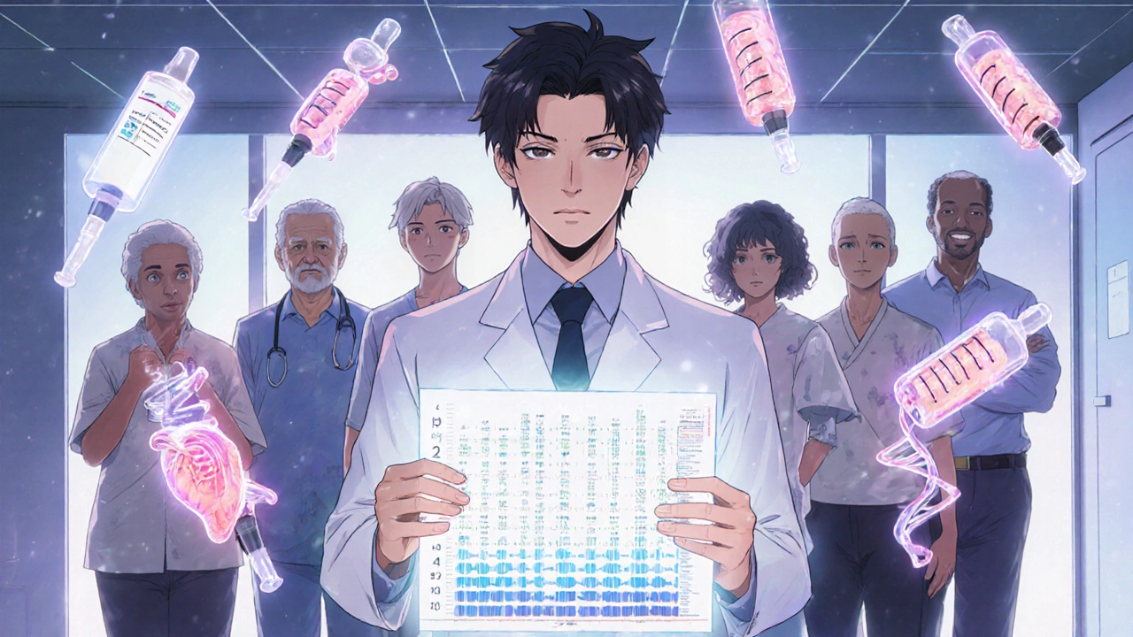 Lipid specialist with genetic chart and medication models, patients&#039; arteries clearing of plaque.