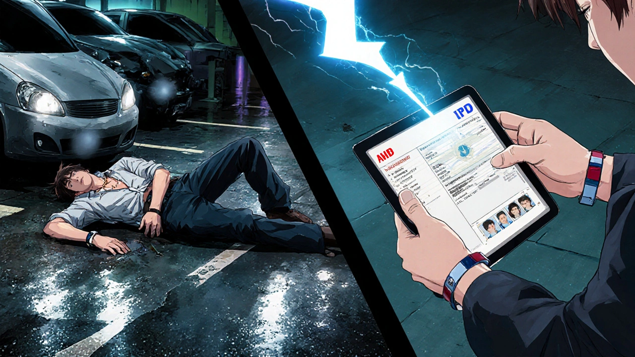 Man collapsed after accident, bracelet scanned by EMT showing digital medical profile.