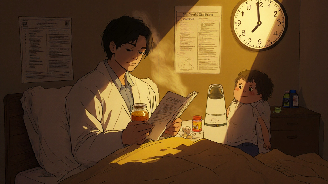 Parent caring for sick child with humidifier and honey beside bed