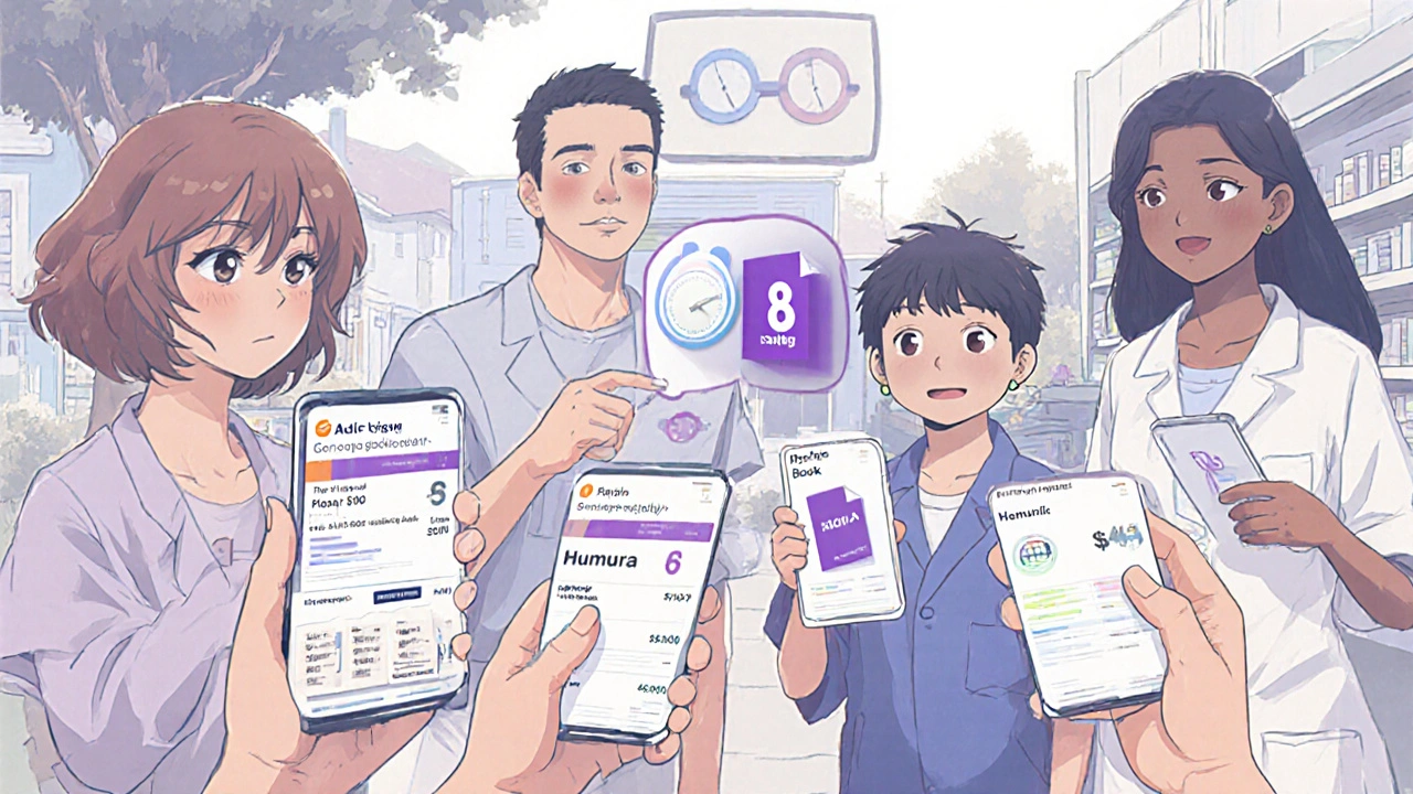 Patients checking the Orange Book on phones in a pharmacy, seeing generic drug price drops and exclusivity timers.