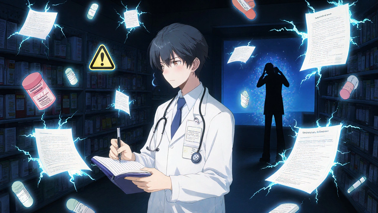 Pharmacist alone at night surrounded by warning symbols of high-risk drugs and legal documents.