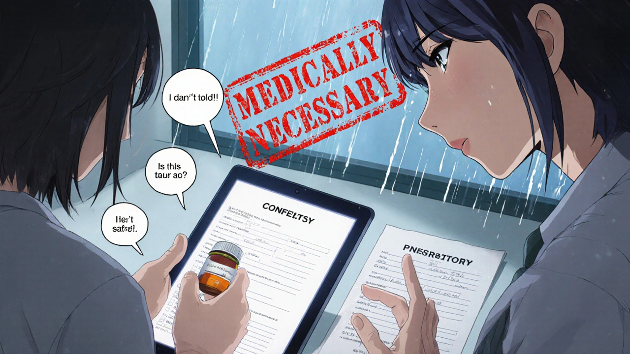 Pharmacist explaining generic substitution to a concerned patient under glowing consent screen.