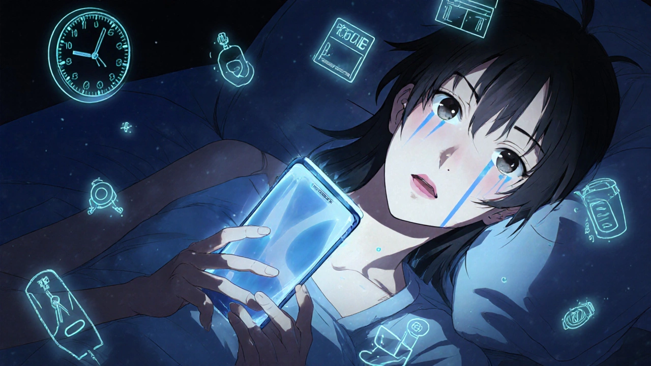 Someone lies awake at night, tearful, with anxious thoughts floating around them in ghostly icons.