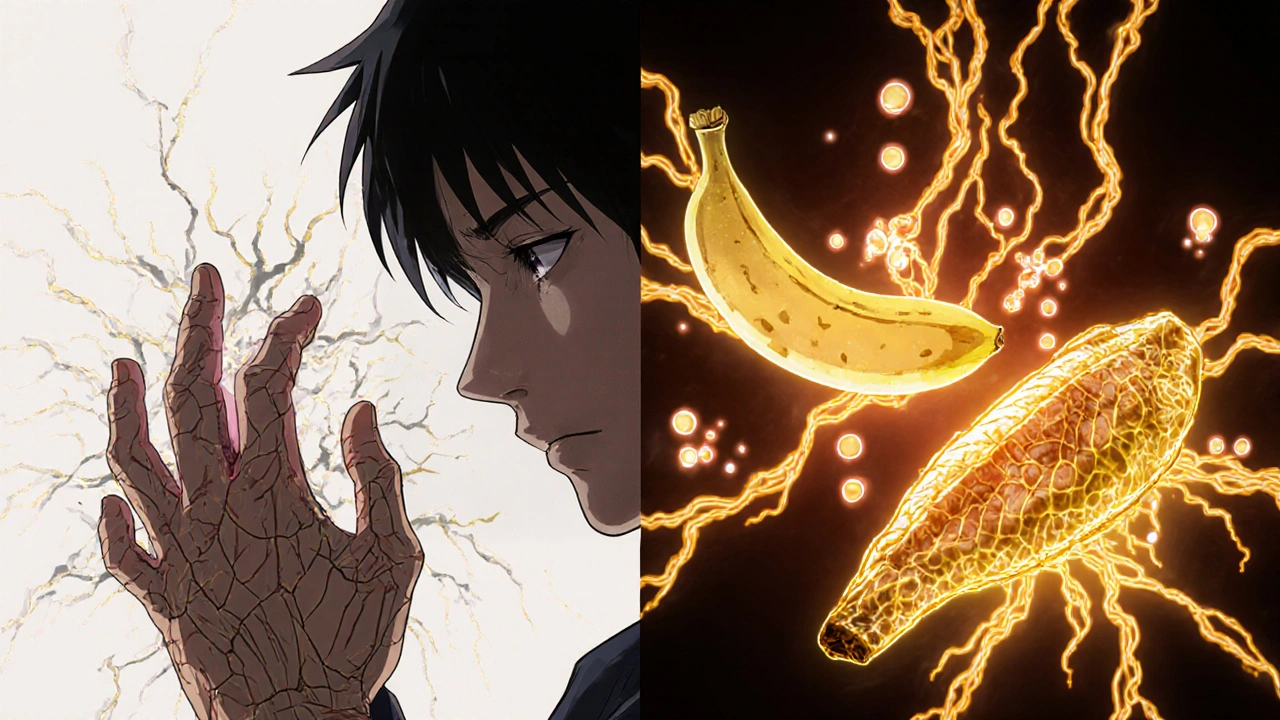 Split scene showing nerve damage transforming into healthy signaling through diet and B6.