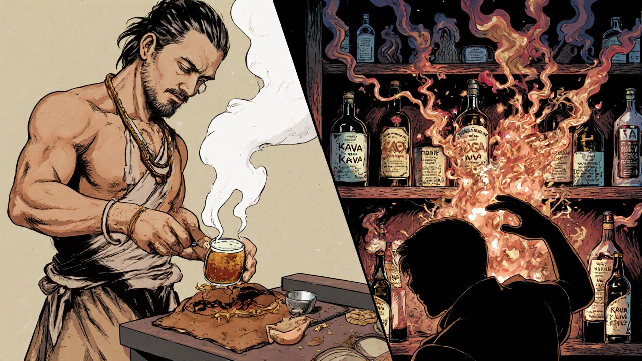 Split scene: traditional kava tea preparation vs. exploding commercial bottles, showing natural vs. dangerous forms.