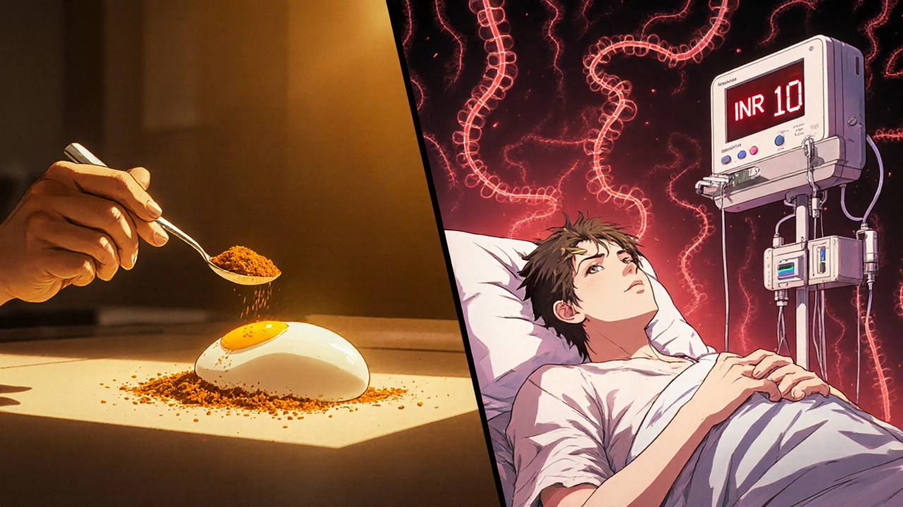 Split scene: turmeric on eggs vs. hospital patient with spiked INR monitor.