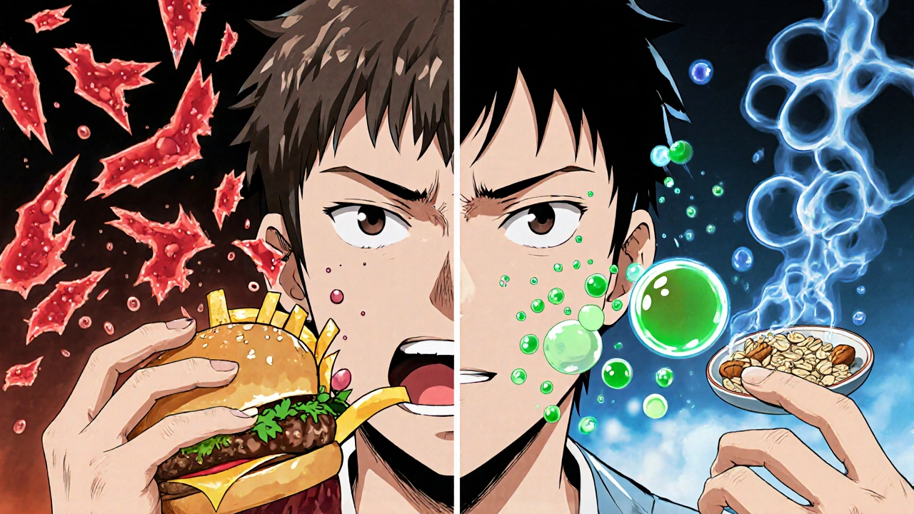 Split scene: unhealthy meal vs healthy meal affecting cholesterol flow in the body.