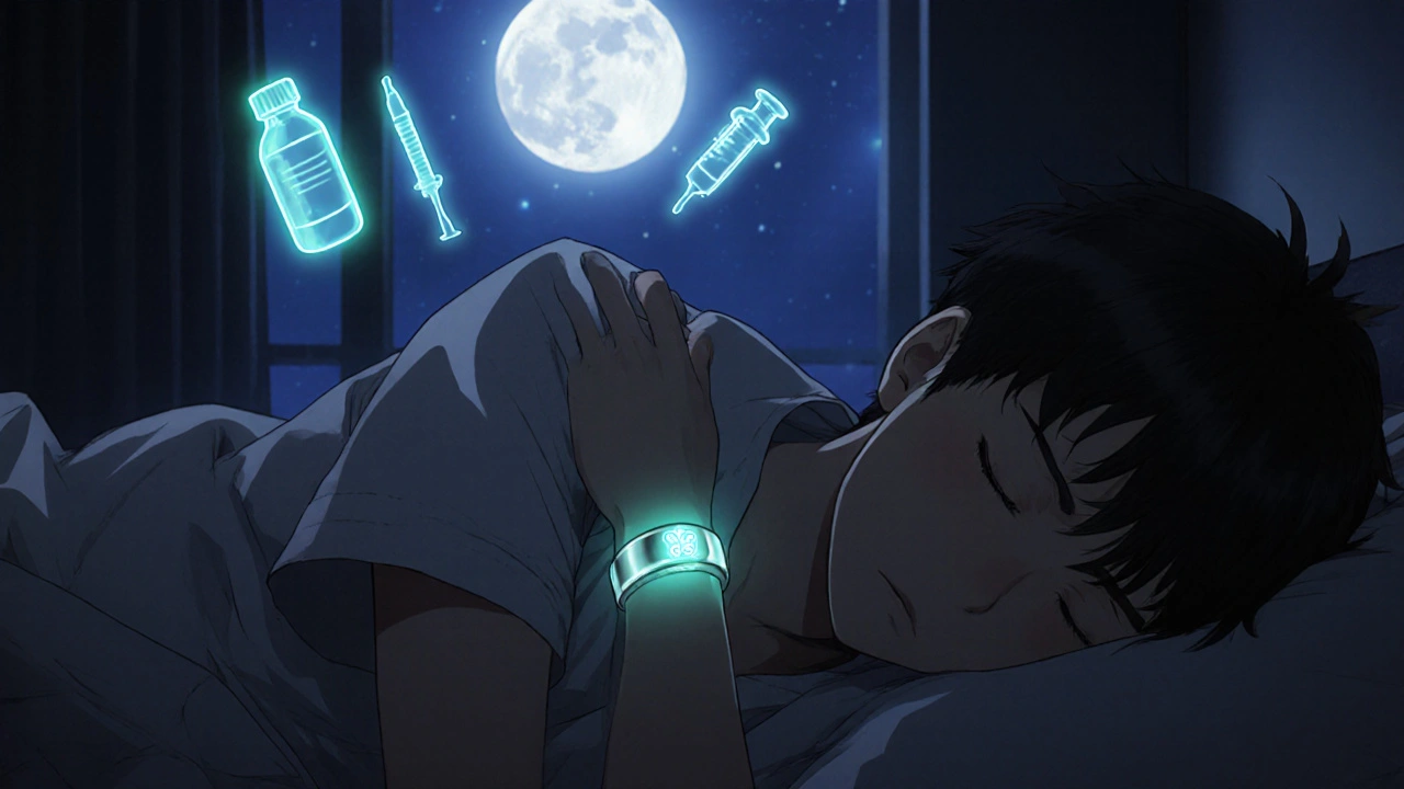 Teen sleeping at night, titanium medical bracelet glowing faintly with engraved drug allergies.