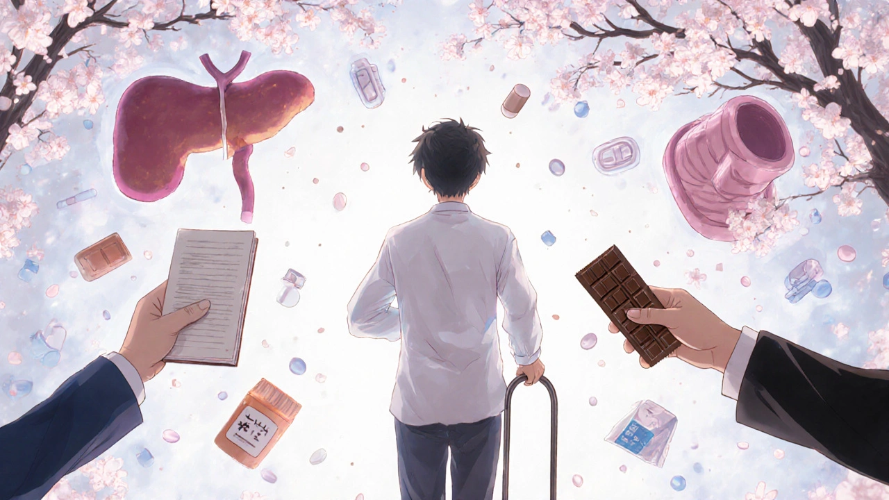 Three hands reach through medical symbols to offer support, as the person looks up with quiet hope.