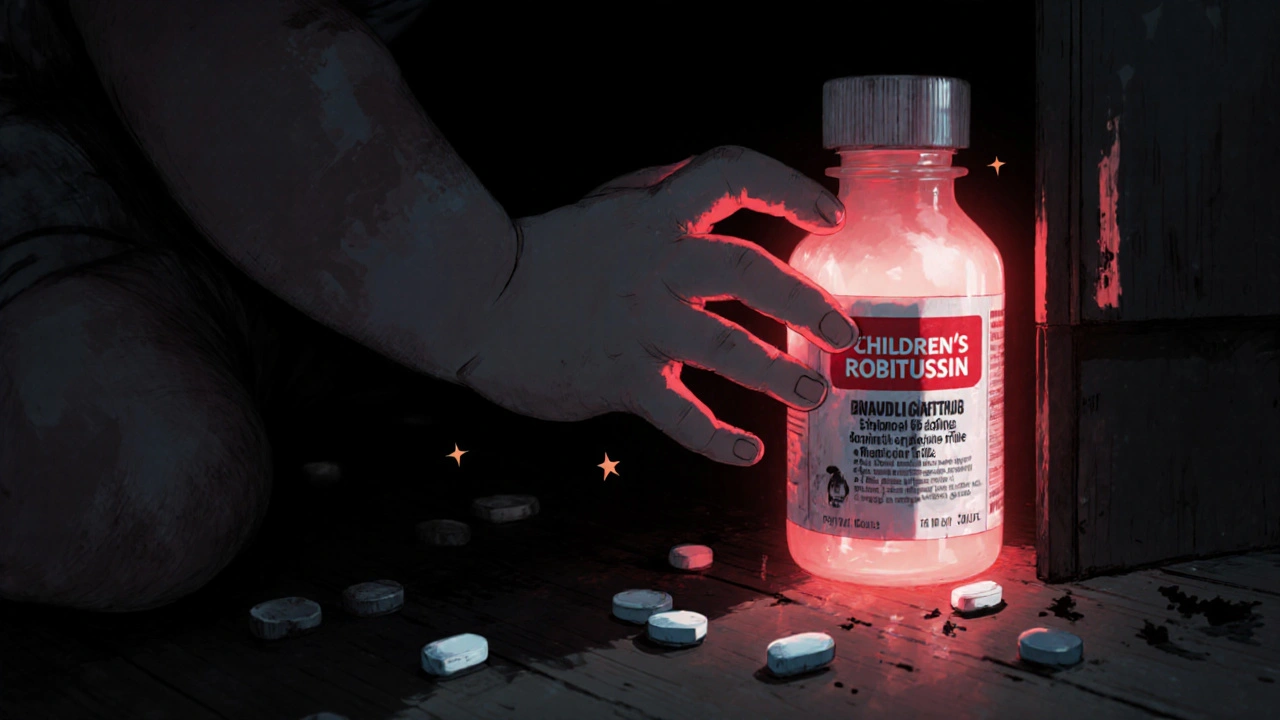 Toddler reaching for OTC cold medicine bottle from cabinet