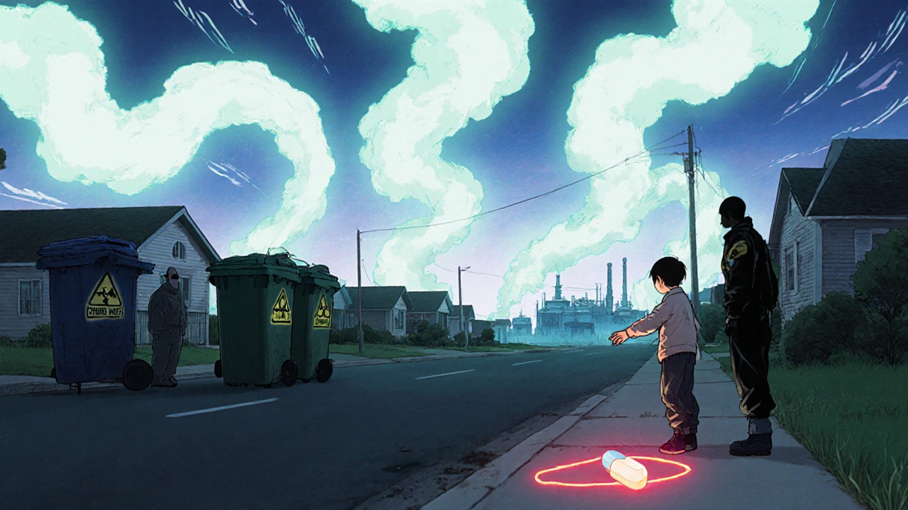 Toxic plumes rising from homes toward a water plant, with waste workers and a child near a dangerous pill.