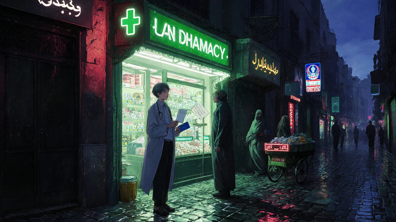 Traveler entering glowing green-cross pharmacy in Marrakech as street vendors sell unlabeled pills behind.