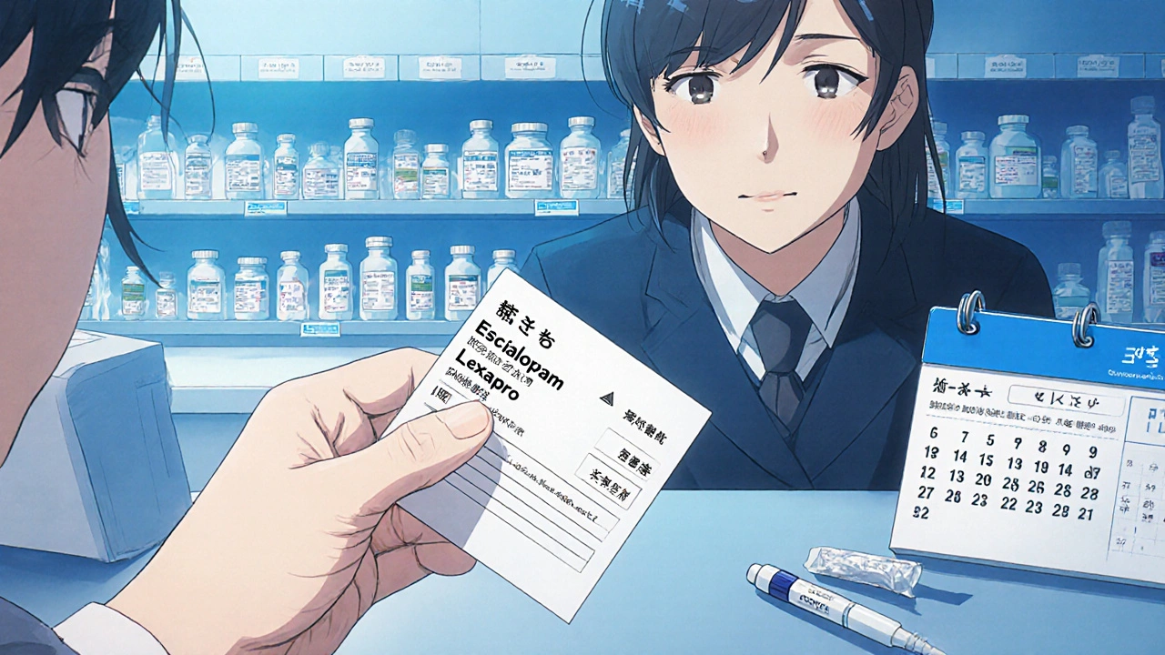 Traveler handing translated medical card to Japanese pharmacist with insulin pen on counter.
