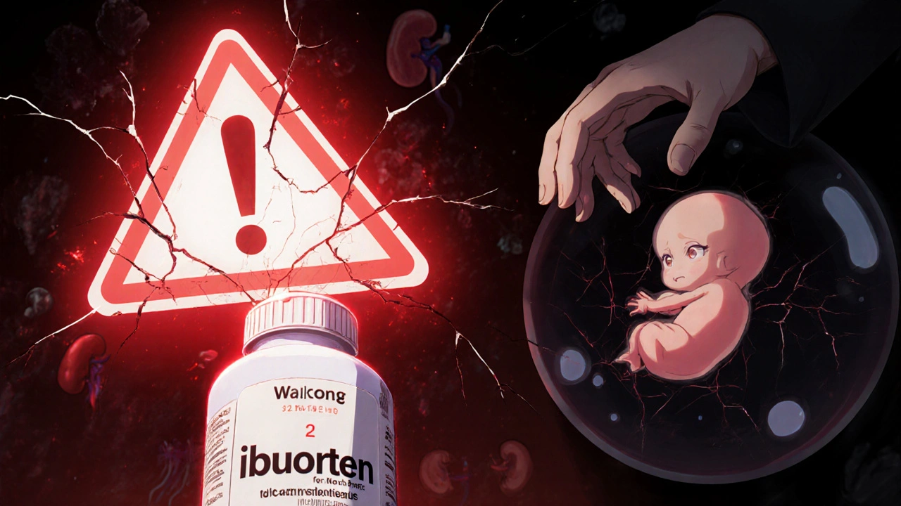 Warning visual of ibuprofen harming fetal development with cracked label and shrinking amniotic fluid.