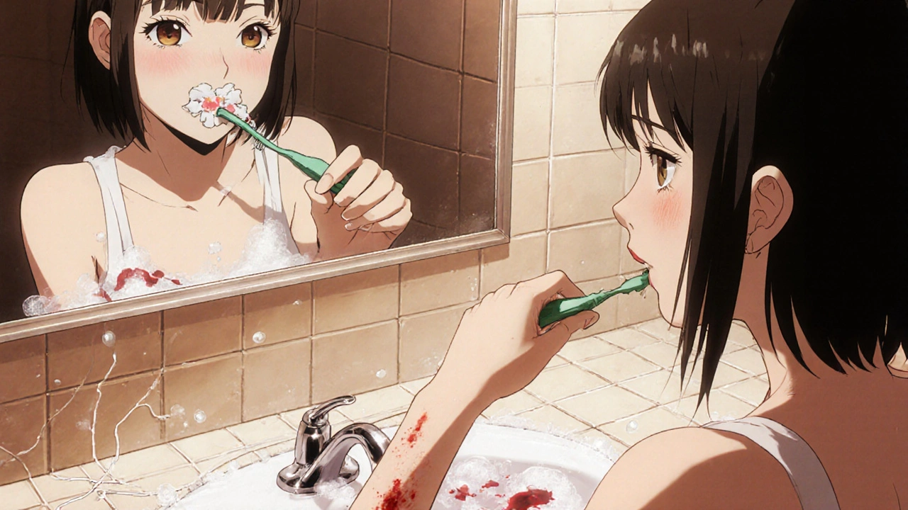 Woman brushing teeth gently with soft brush, blood in sink, concerned expression in mirror.