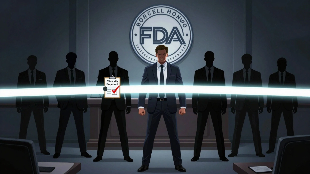 A biotech CEO stands before a glowing seven-year FDA exclusivity barrier, with shadowy competitors blocked — one figure holds a &#039;Clinically Superior&#039; checkmark.