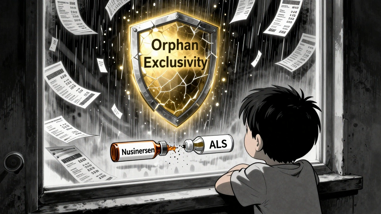 A child watches price tags fall as a fractured &#039;Orphan Exclusivity&#039; shield glows above, with one drug vial splitting into blocked and open paths.