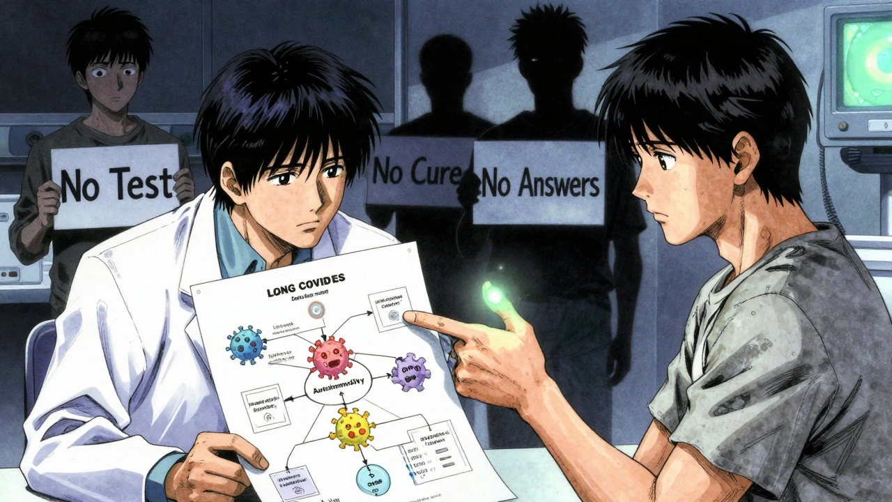 A doctor and patient in a hospital room, with a glowing flowchart of Long COVID subtypes and a fading biomarker symbol.