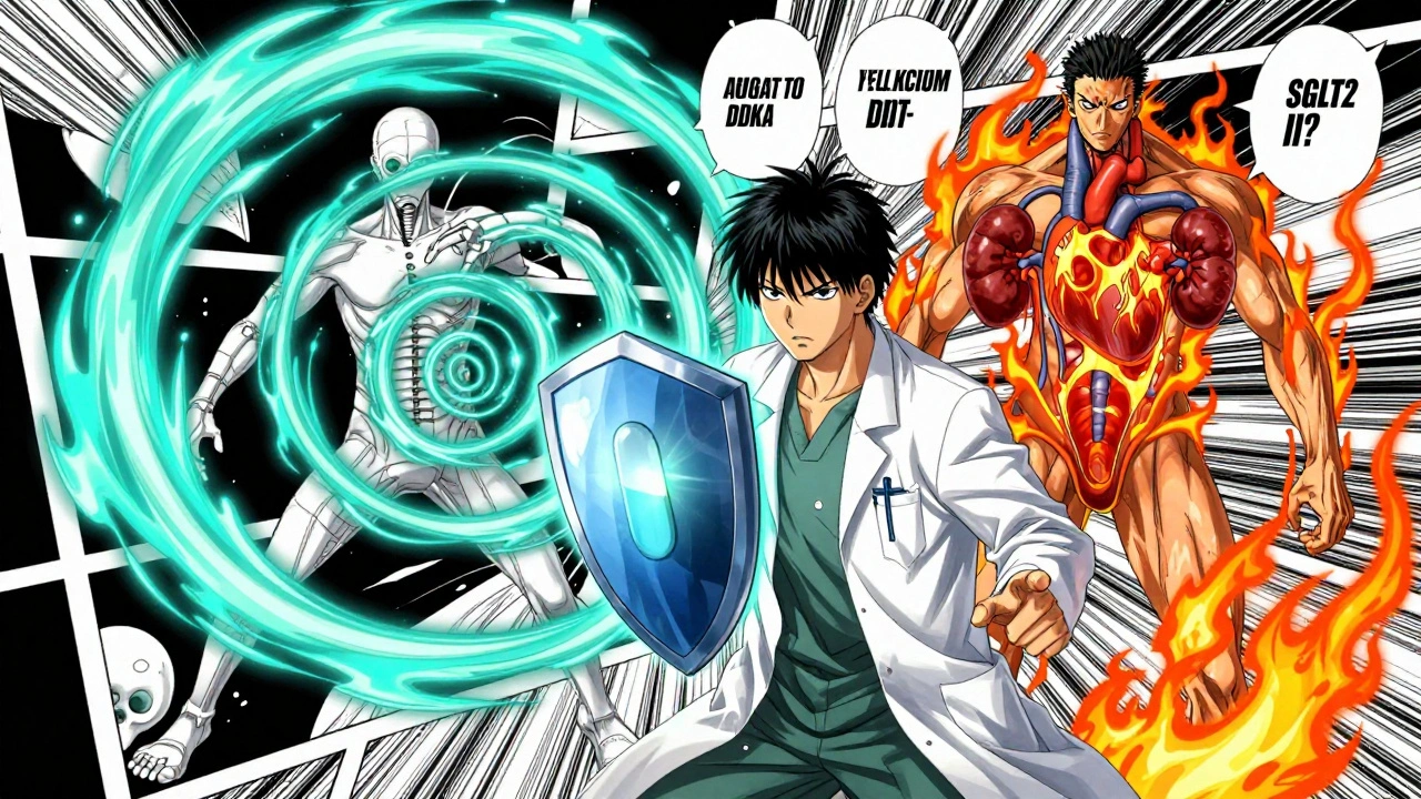 A doctor defends a patient from medical risks using an SGLT2 inhibitor pill as a shield.