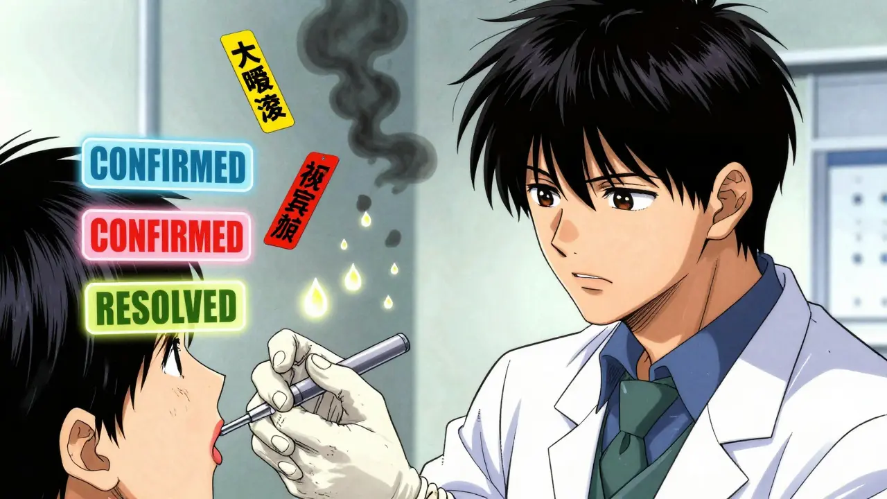 A doctor performing an oral allergy challenge with glowing medication droplets and verification tags.