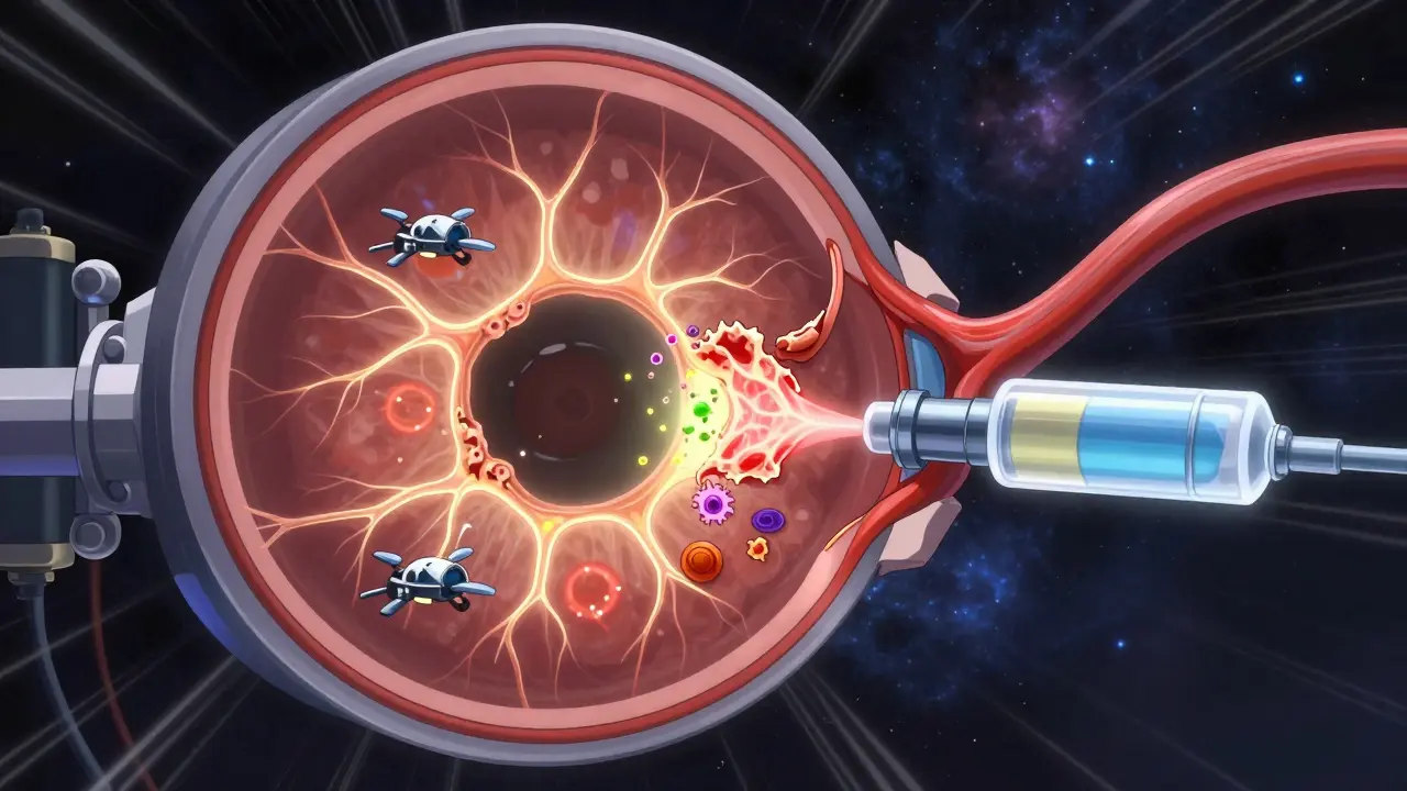 A glowing retinal blood vessel network being treated by gene therapy drones in futuristic anime style.