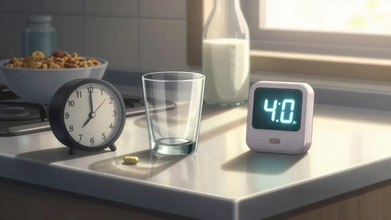 A kitchen counter with antibiotic and zinc separated by time, sunlight highlighting the 4-hour gap.