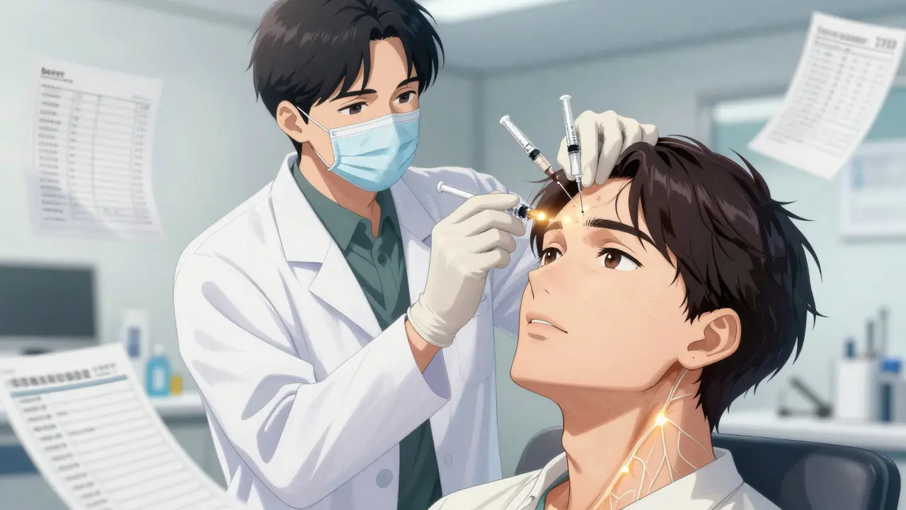 A neurologist administering Botox injections to a patient's head and neck with glowing nerve effects.