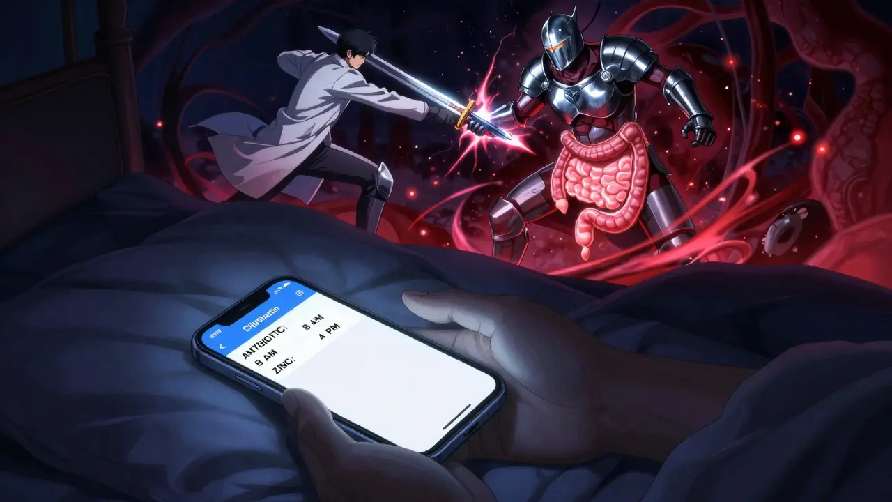 A person in bed with a medication reminder app, surreal battle between antibiotic and zinc warriors above.