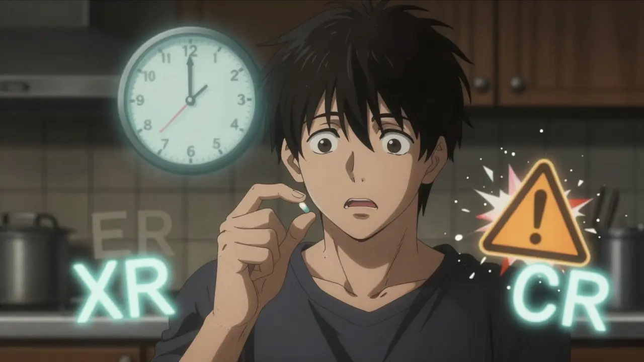 A person staring at a pill as ghostly warnings of overdose and timing appear around them.