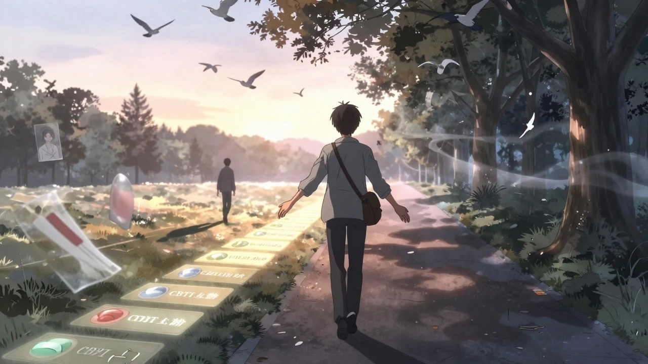 A person walking through a park at dusk, leaving behind memories of opioid withdrawal, guided by glowing paths of therapy and movement.