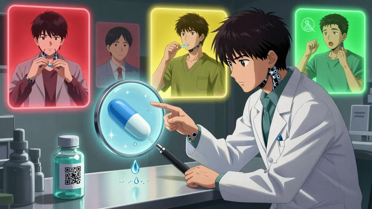 A pharmacist explaining an osmotic pill mechanism with patients in colored halos showing correct and dangerous use.