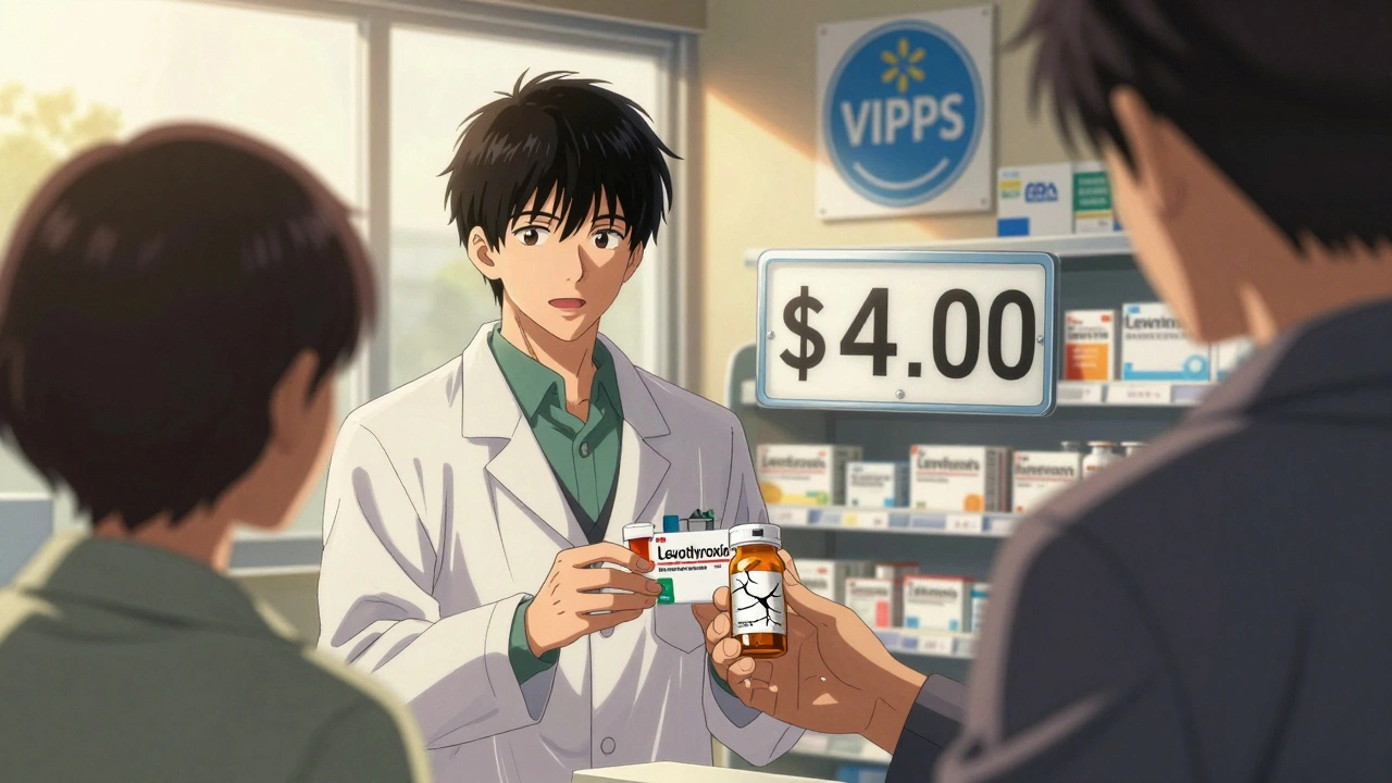 A pharmacist hands a low-cost generic thyroid prescription to a patient at a U.S. pharmacy with a  price tag.