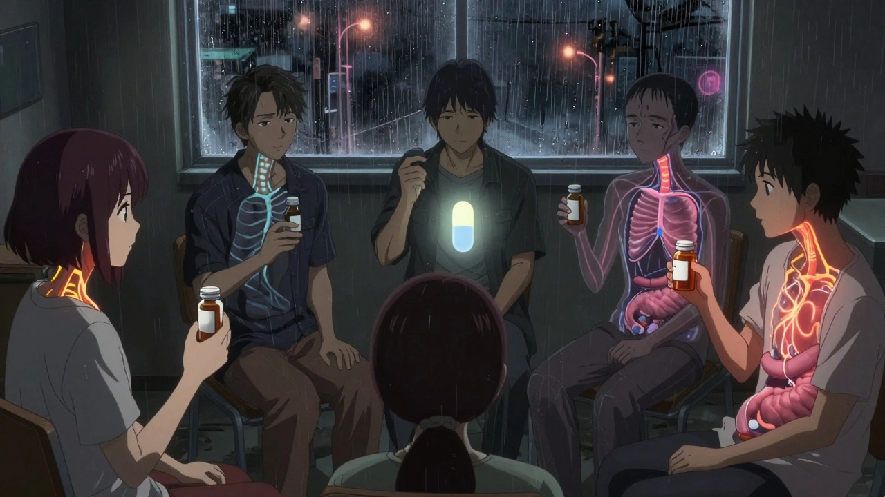 A support group of Long COVID patients, their bodies partially transparent to show internal struggles, holding different medication bottles.