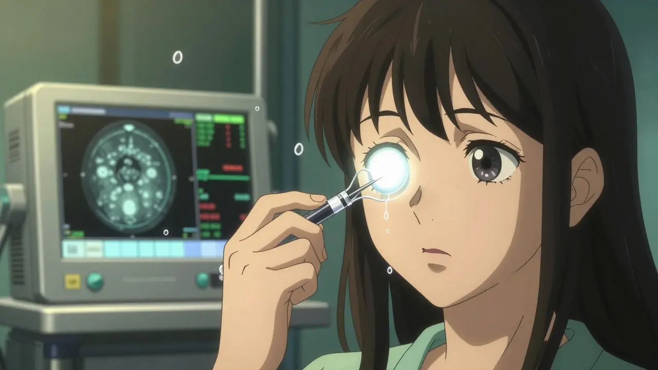 A woman receiving an eye injection in a clinic, with OCT scans visible in the background.