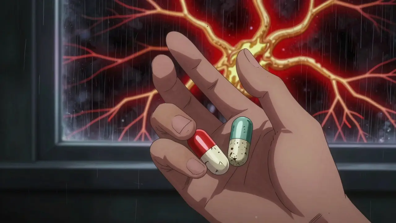Close-up of two pills—one branded, one generic—with glowing neural pathways showing seizure risk.