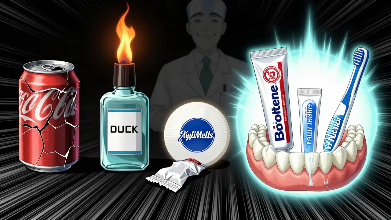 Contrast between harmful habits and effective dry mouth solutions with glowing protective elements.