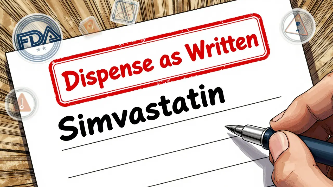 Doctor's prescription with blank substitution line and 'Dispense as Written' stamp, surrounded by legal icons.