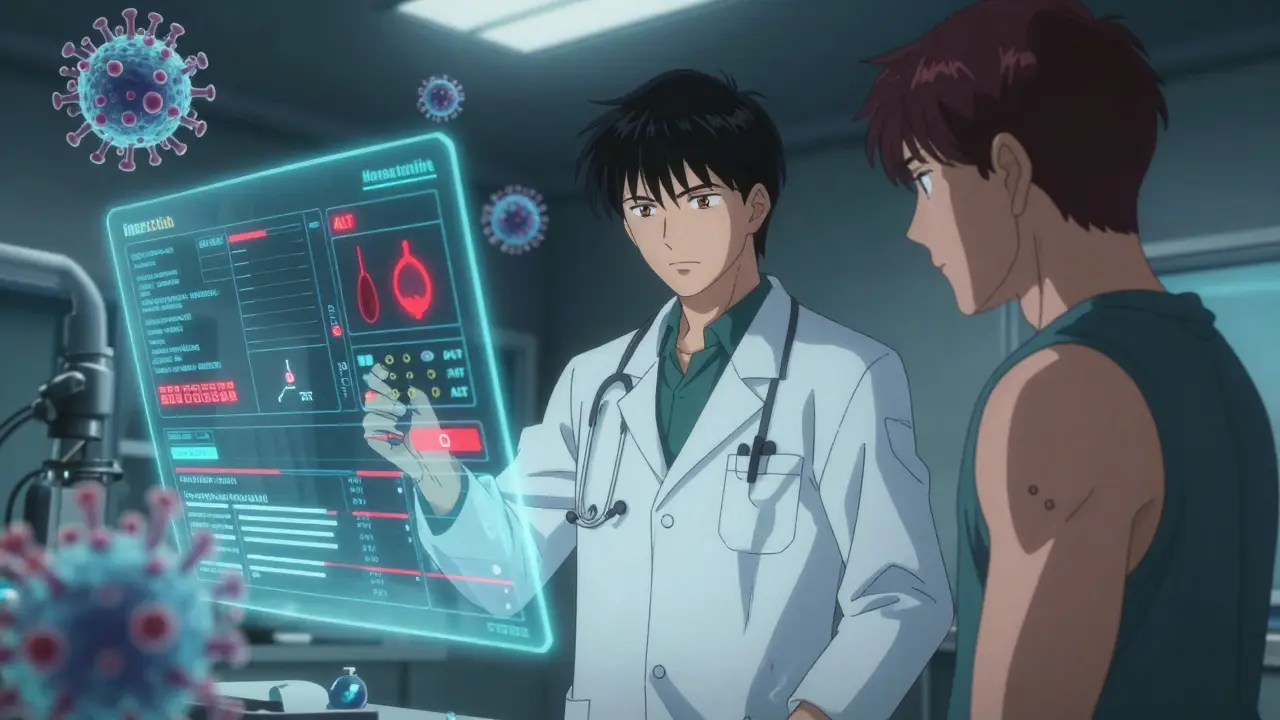 Doctor and patient viewing holographic blood test data with warning alerts in a futuristic clinic.