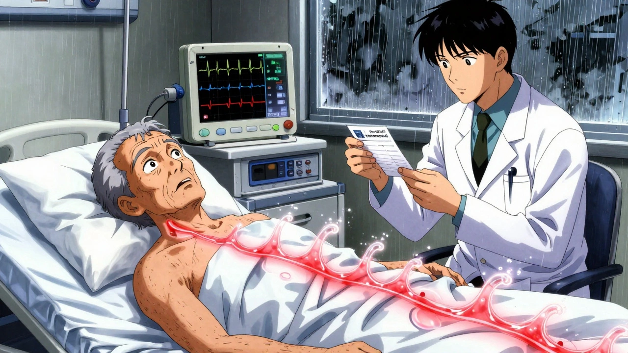 Elderly patient in hospital with ECG showing cardiac arrest due to high potassium from antibiotic.