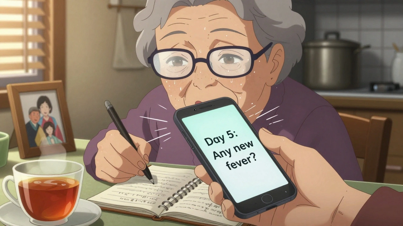 Elderly woman reading a health alert on her phone while checking a handwritten symptom log on her kitchen counter.