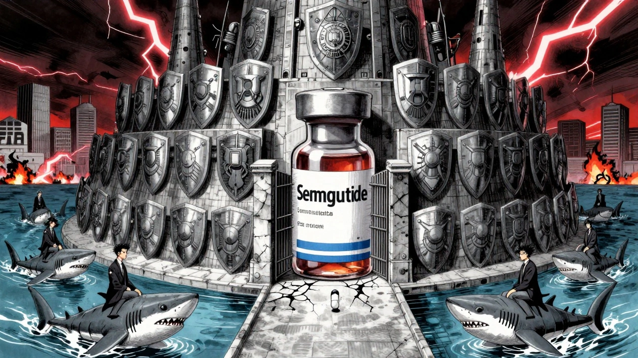 Fortress of 152 patent shields surrounding a drug vial, a tiny generic pill escaping through a cracked gate, lawyers on robotic sharks.